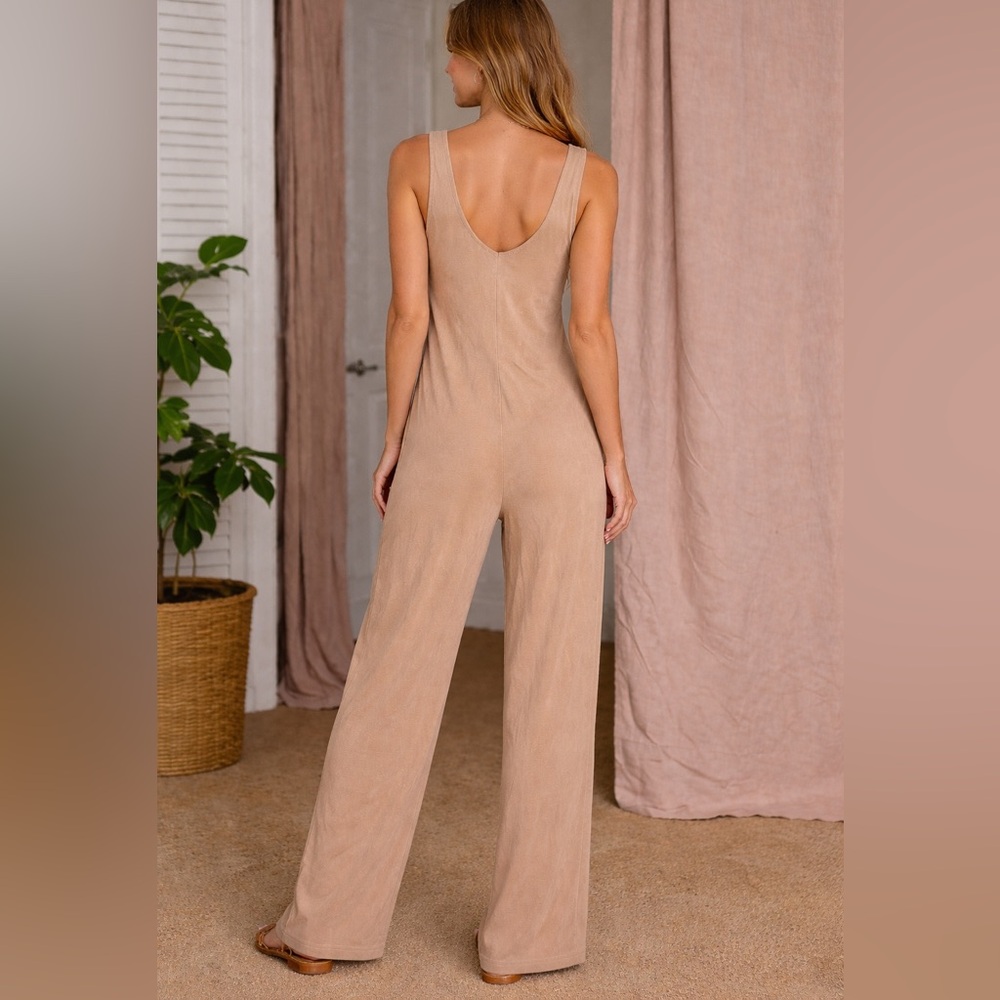 Sleeveless V-Neck Wide-Leg Jumpsuit in Light Taupe - Picture 2 of 3